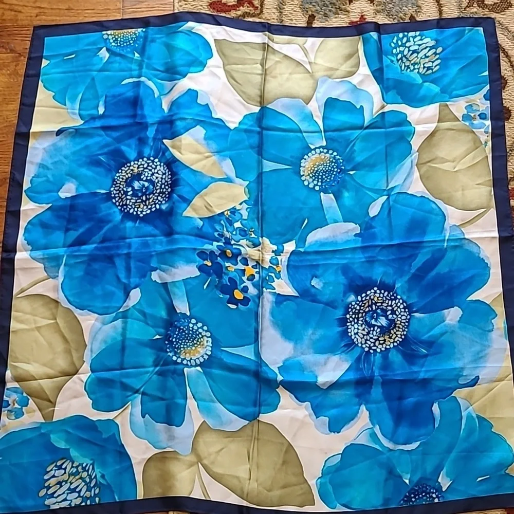 100% Silk Large Floral Square Scarf Cobalt Blue Vibrant Luxurious